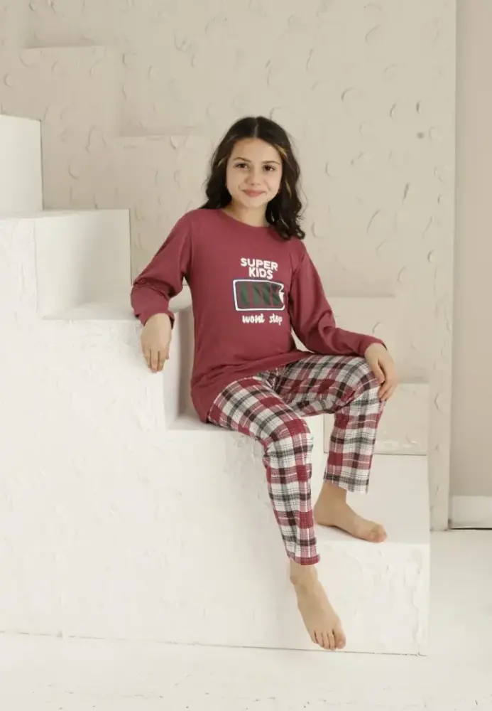 Pijama Fete, Mânecă Lungă si Pantaloni Lungi, Imprimeu Super Kids, Roz Închis,Engros